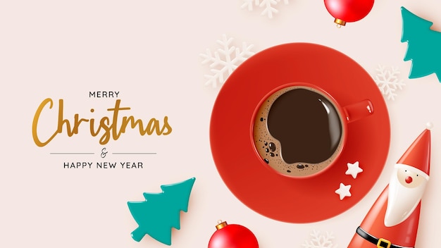 Greeting coffee and merry christmas with 3d realistic art style with pastel color scheme vector illustration