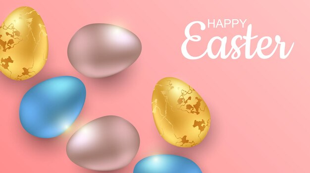 Vector greeting easter with realistic easter eggs. top view with copy space