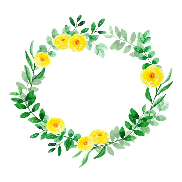 Greeting frame wreath with green leaves and yellow flowers botanical invitation watercolor