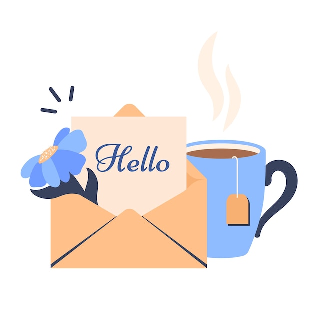 Greeting message Open envelope with letter flower cup of tea The concept of taking a rest break viewing the mail getting good news Morning tea time Vector flat cartoon illustration