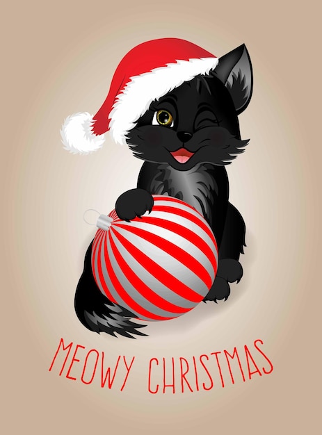 Greeting postcard Happy new year and Merry Christmas with black cat and Christmas ball