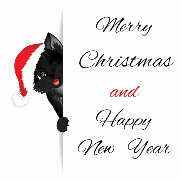 Greeting postcard Happy new year and Merry Christmas with black cat