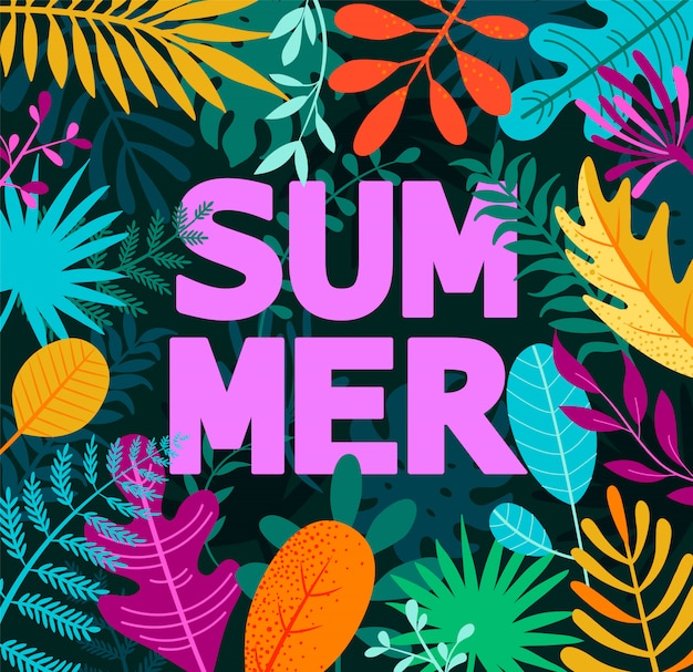 Greeting summer 2019 card on tropical leaves.