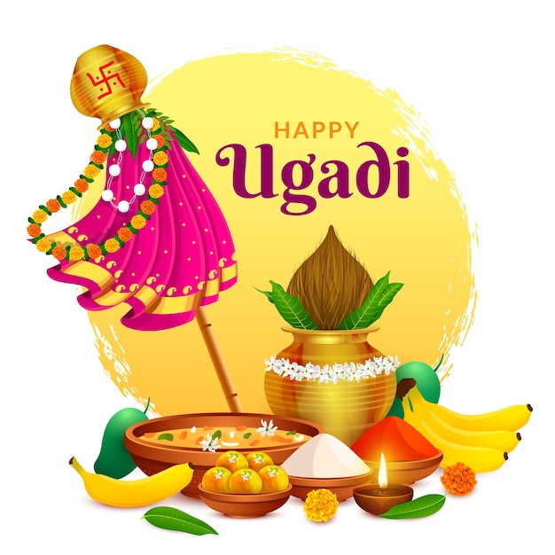 Greeting traditional happy Ugadi Gudhi for Indian New Year festival Gudi Padwa