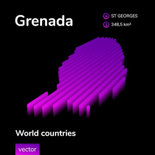 Grenada 3D map Stylized neon simple digital isometric striped vector map is in violet colors on black background