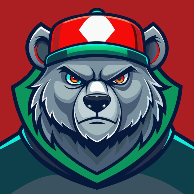 grey bear with red cap green and blue details logo angry esports vector illustration flat 2