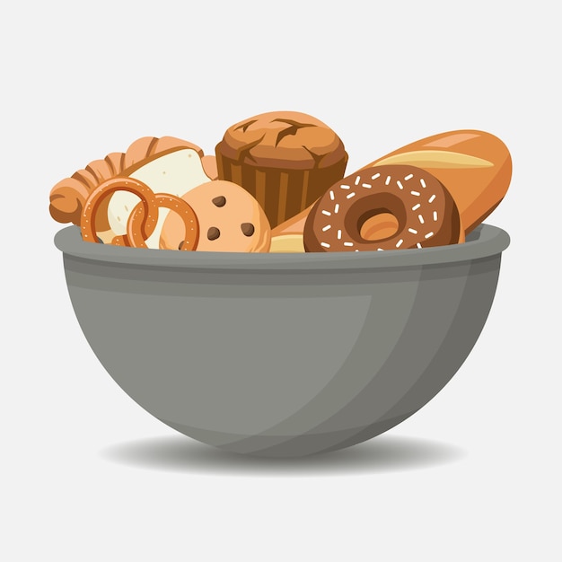 Grey bowl full of baked goods cartoon vector illustration Dish with different sweet pastry products Donut bread muffin pretzel toast Bakery composition Isolated on white background