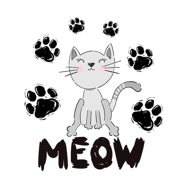 Grey cat is saying Meow Cute vector hand drawn illustration with handwritten phrase isolated on a white background