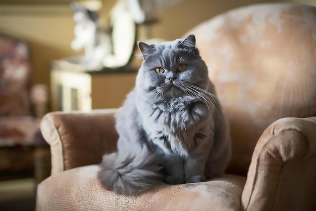 a grey cat sits on a couch with a blue and white cat on the back