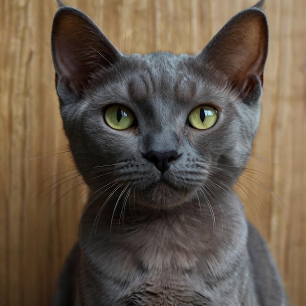 a grey cat with green eyes sits on a wooden surface