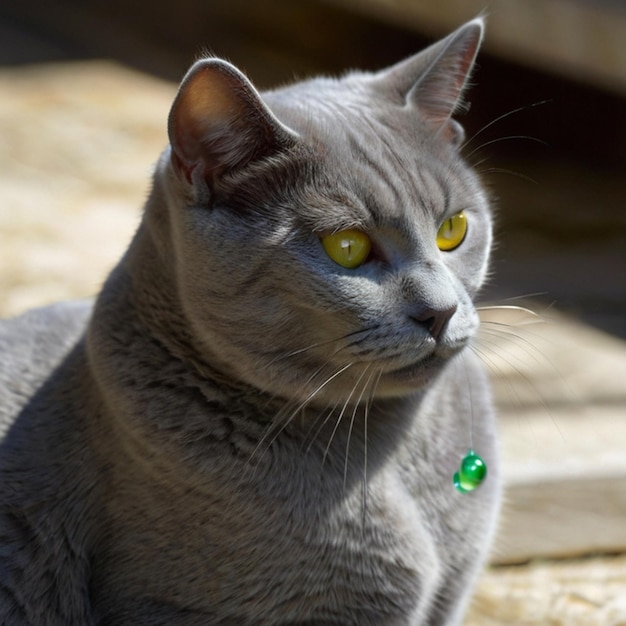 a grey cat with a green tag that says  the name  on it