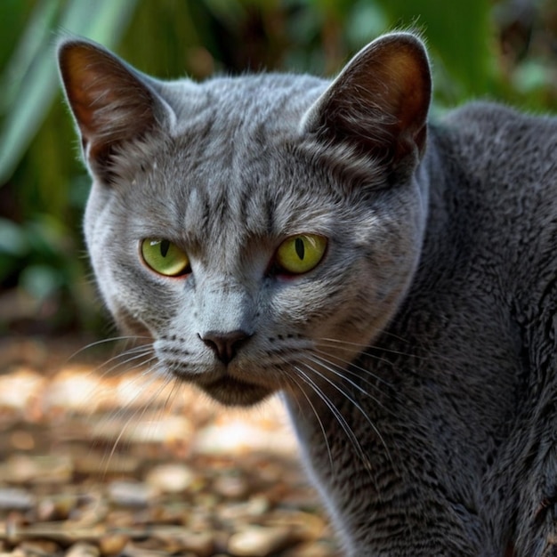 Vector a grey cat with yellow eyes is standing in the sun