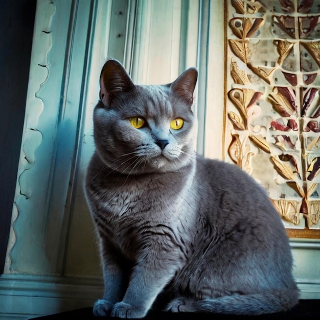 a grey cat with yellow eyes sitting on a table