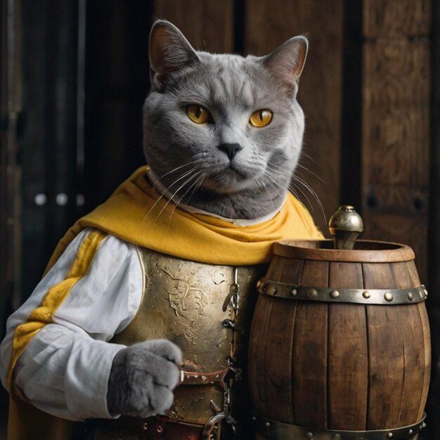 Vector a grey cat with yellow eyes and a yellow sash holding a drum