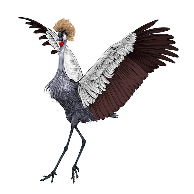 grey crown crane bird in hand drawing