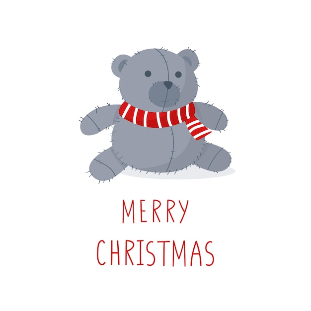 Grey fluffy teddy bear with a striped scarf Merry Christmas