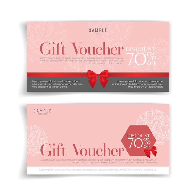 Grey gift voucher with red bow ribbon Simple and luxury style Gift card with ribbon