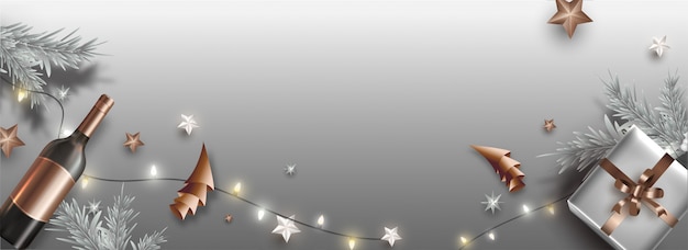 Grey header or banner  decorated with gift box, stars, champagne bottle, origami paper xmas tree and pine leaves for Christmas celebration.