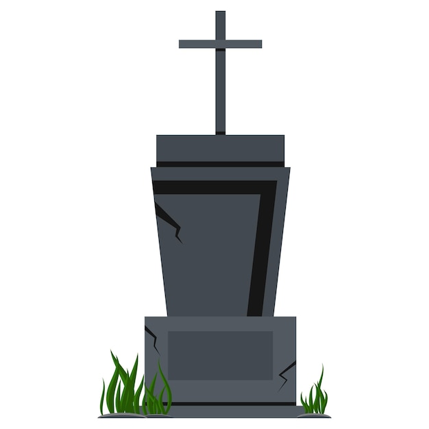 Grey tombstone with grass icon isolated on white background for halloween design old gravestone with crack cemetery sign