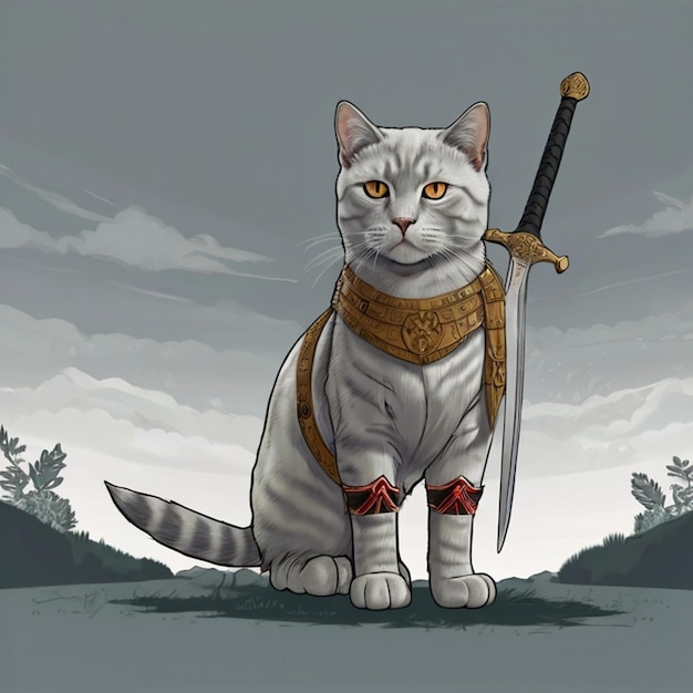 a grey and white cat with a sword and the word  w  on it