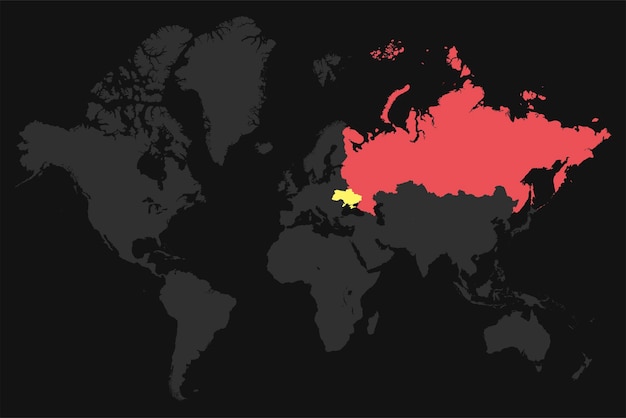 Grey world map with red Russia and yellow Ukraine