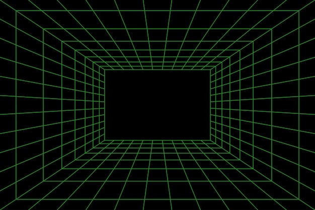 Grid room in perspective in 3d style. Indoor wireframe from green laser beam, digital empty box