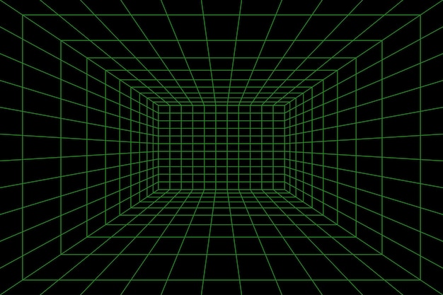 Grid room in perspective in 3d style. Indoor wireframe from green laser beam, digital empty box