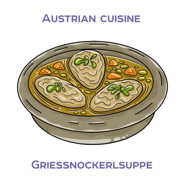 Griessnockerlsuppe is a traditional Austrian soup made with broth dumplings and vegetables