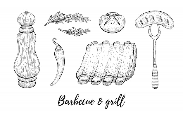 Grill and barbecue reataurant menu sketch set. 