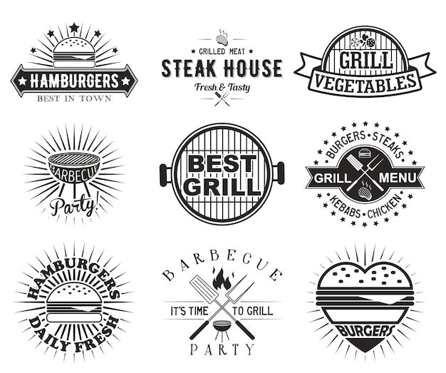 Grill or bbq vintage label badge set vector illustration barbecue party logos