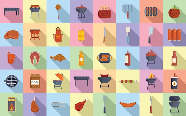 Grill icons set flat vector Round cooking