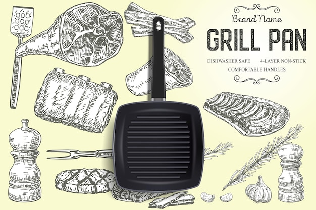 Grill pan brand ads vector poster banner template