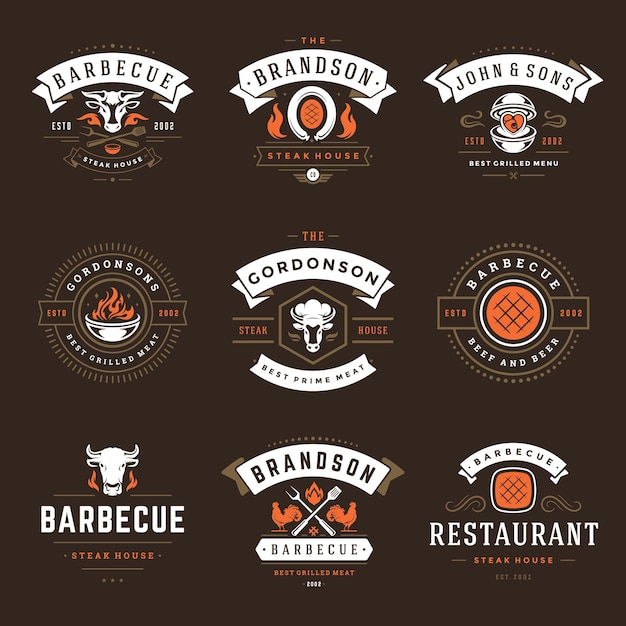 Grill restaurant logos and badges set vector illustration