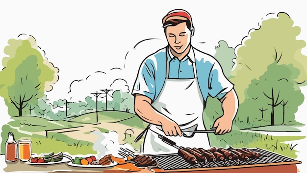 Grill in the Wilderness Man Cooking Outdoors with Barbecue Vector