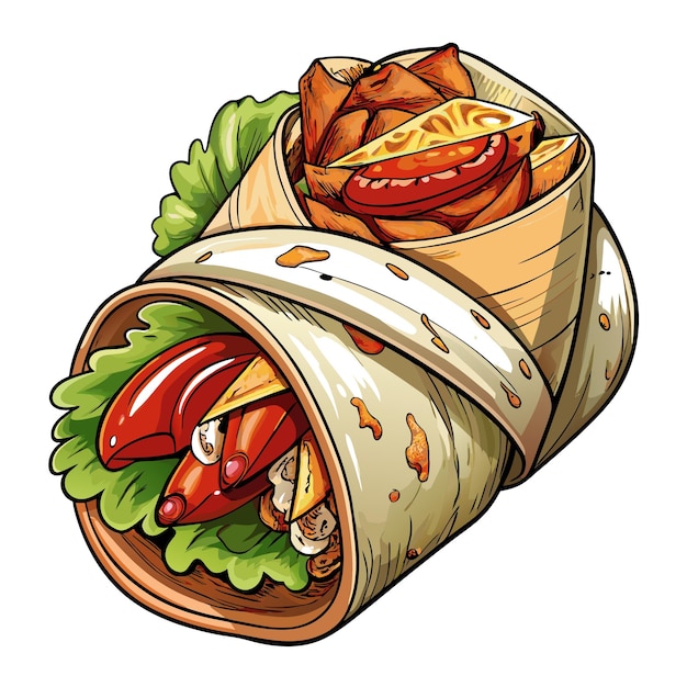 Vector grilled chicken and bacon wrap with lettuce and tomato cut in half on white paper