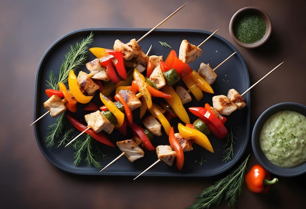 Vector grilled chicken barbecue skewer on plate