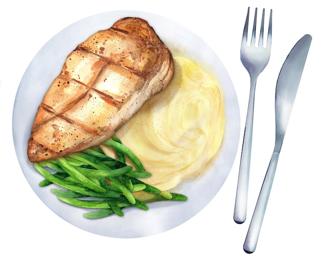 Grilled chicken breast with mashed potatoes and green beans Watercolor illustration