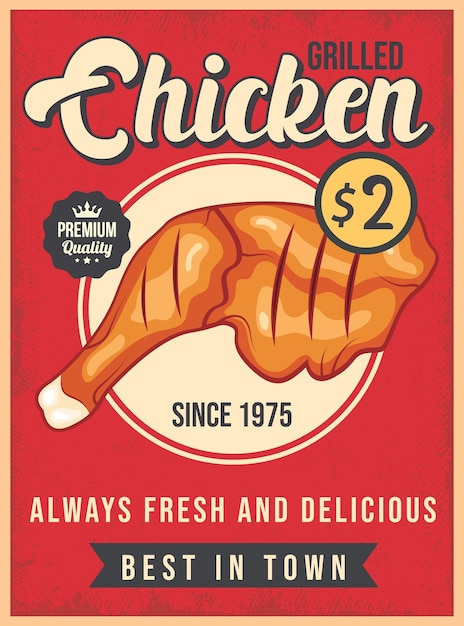 Grilled chicken drumstick retro promotional poster vector template