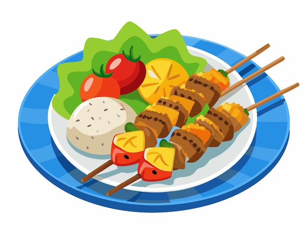 Grilled Chicken Skewers with Rice and Vegetables Served on Plate vector illustration