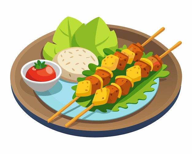 Vector grilled chicken skewers with rice and vegetables served on plate vector illustration