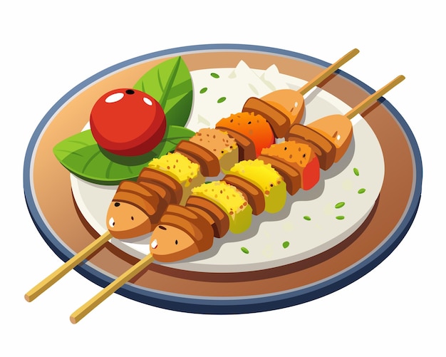 Grilled Chicken Skewers with Rice and Vegetables Served on Plate vector illustration