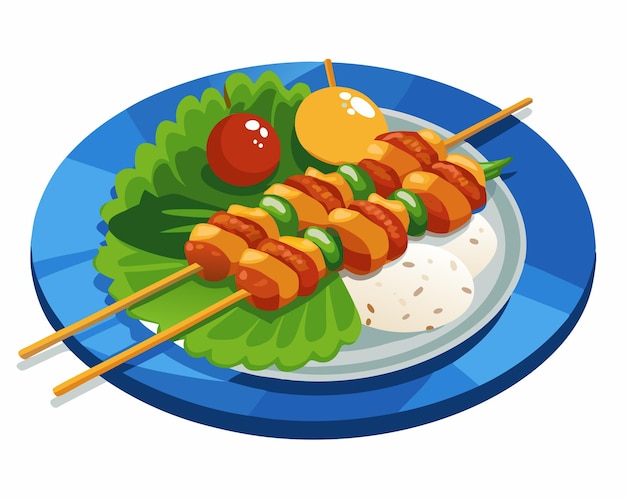 Grilled Chicken Skewers with Rice and Vegetables Served on Plate vector illustration