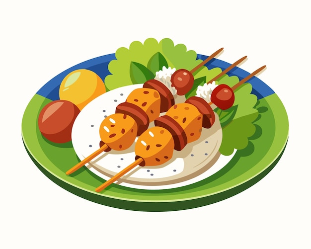 Vector grilled chicken skewers with rice and vegetables served on plate vector illustration