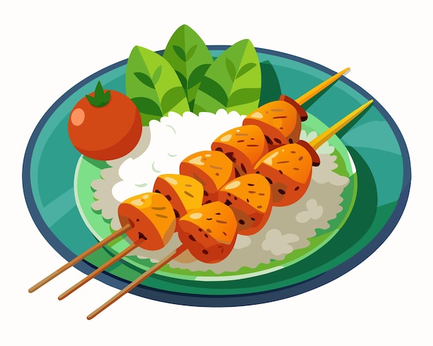 Grilled Chicken Skewers with Rice and Vegetables Served on Plate vector illustration