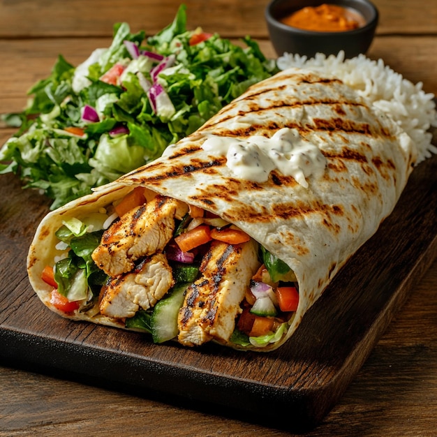 Grilled Chicken Wrap A Colorful Medley of Fresh Veggies Rice and Creamy Sauce on Charred Flatbread