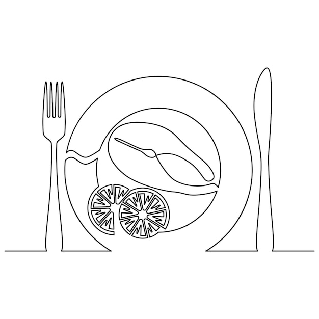 Grilled fish on plate with lemon continuous line Hand drawn vector illustration in line art style