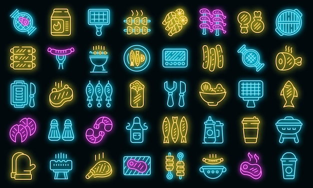 Grilled food icons set vector neon