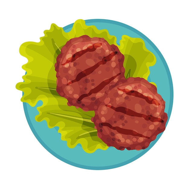 Vector grilled food with patty meat rested on plate with lettuce vector illustration