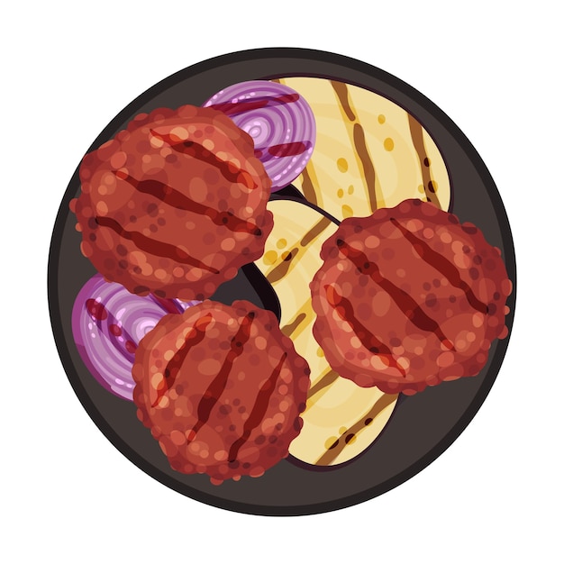 Vector grilled food with patty meat rested on plate with sliced eggplant vector illustration