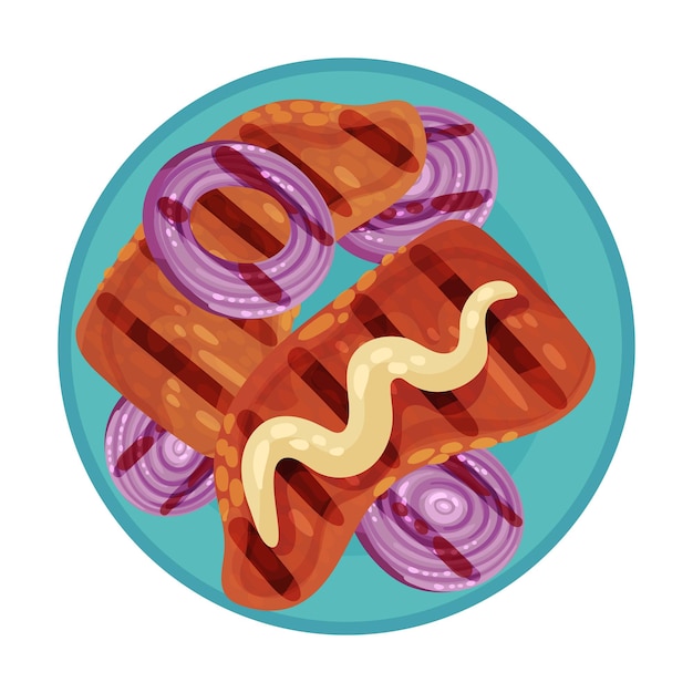 Grilled Food with Tenderloin or Fillet Rested on Plate with Sliced Onion Vector Illustration